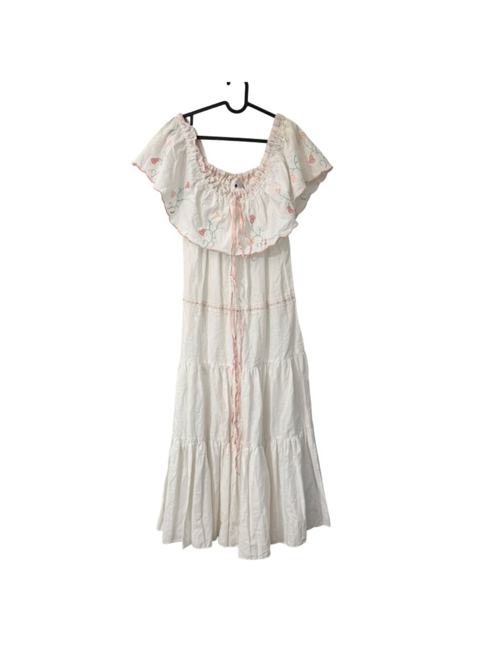 VTG Roncelli Cream Pink Lilly Embroidered Cottagecore Peasant Maxi Dress 11/12